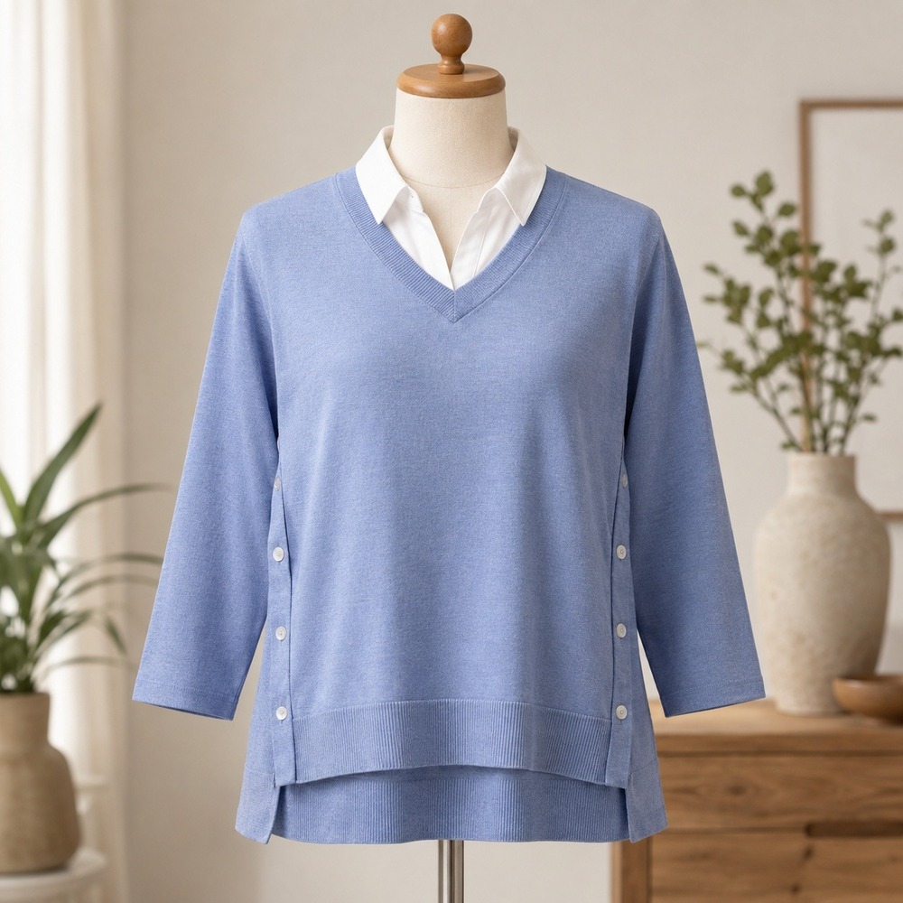 NEW Denim & Co 2-in-1 Sweater Women XL Blue White Collar Layered Side Buttons